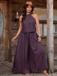 Nubod Conjunto de 2 piezas de top halter con efecto de mezclilla + pantalones de pierna ancha en talla grande - Rojo violeta - Ver 4