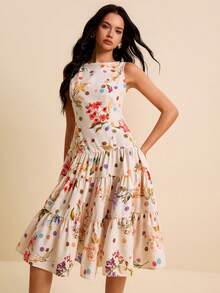LOTSLUV Women's Spring/Summer Vacation Dress, Beige Floral Polka Dot All-Over Print, Round Neck Sleeveless Fitted Ruched Ruffle Hem Party Day Party Elegant - Multicolor - View 6