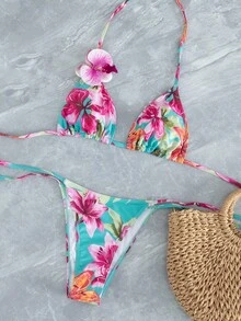 Bonvoyette Bộ bikini hai mảnh in họa tiết hoa nhiệt đới màu xanh dương mới, kiểu buộc dây bên hông, thích hợp cho mùa xuân/hè. - Nhiều màu - Xem 5
