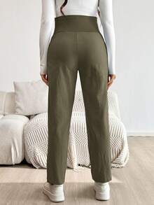 SHEIN Maternity Solid Color Slant Pocket Pleated High Waist Casual Pants Fall - Army Green - View 2