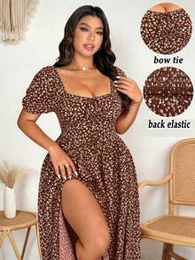 SHEIN Clasi Đầm nữ cỡ lớn thanh lịch, lãng mạn, họa tiết hoa nhí, cổ nơ, xẻ cao, tay phồng, thời trang, mùa xuân/hè. - Nhiều màu - Xem 1