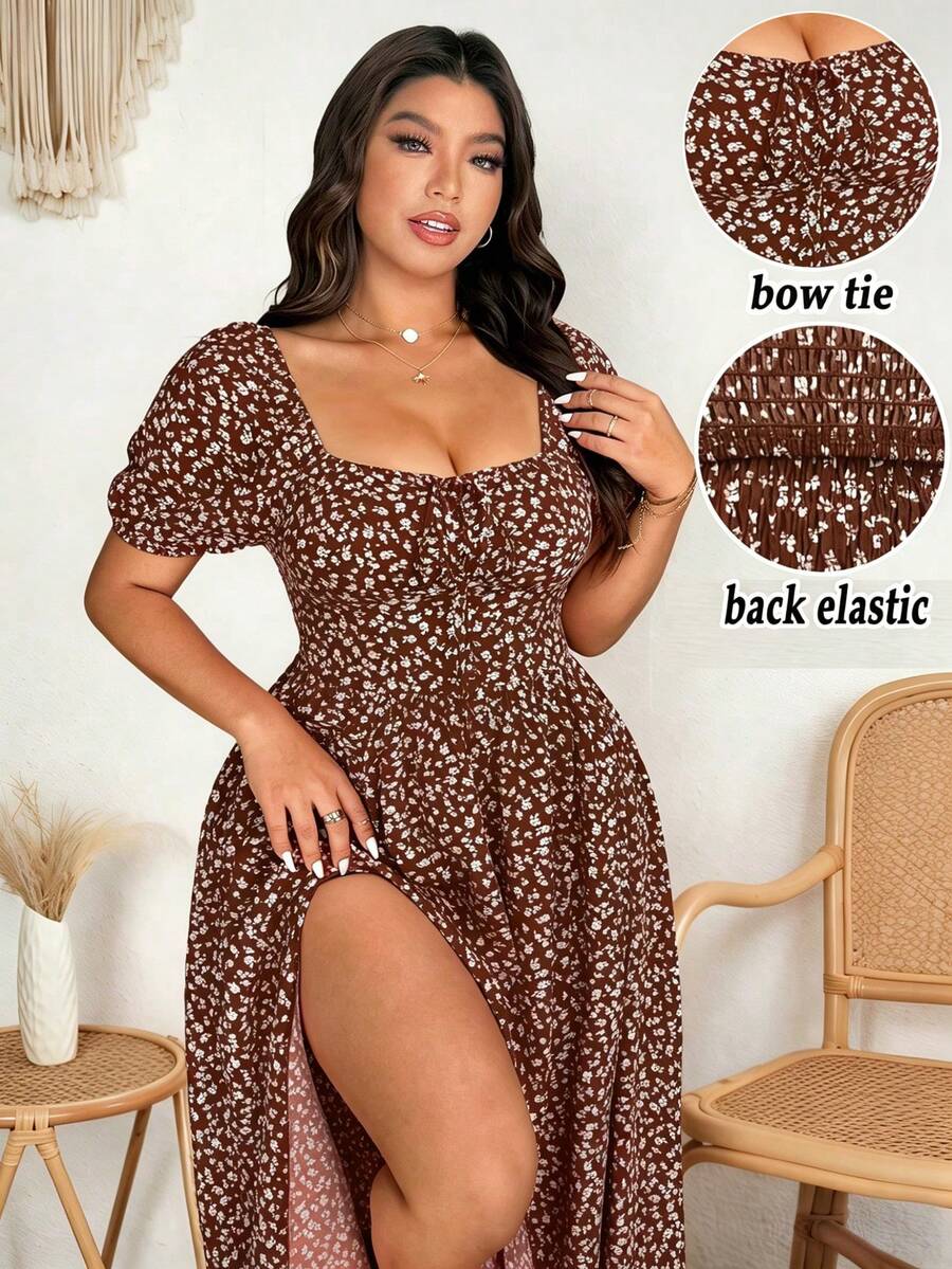 SHEIN Clasi Đầm nữ cỡ lớn thanh lịch, lãng mạn, họa tiết hoa nhí, cổ nơ, xẻ cao, tay phồng, thời trang, mùa xuân/hè. - Nhiều màu - Xem 1