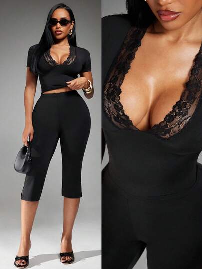 Radiana Women's Romantic Casual Lace V-Neck Fitted Short Sleeve T-Shirt + High Waist Bike Shorts Set, Versatile Basic Outfit, Suitable For Commuting, Office, Daily Casual Wear, Shopping, Gathering, Vacation, Beach, Date, Music Festival, Party