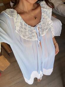 DAZY Women's Lace Patchwork Casual Loungewear Robe - Blue - View 4