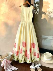 Franclia Vestido de mujer con cuello redondo, sin mangas, cintura ceñida y estampado floral acampanado - Multicolor - Ver 1