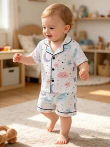 Conjunto de pijama de manga corta con estampado de estrellas, lunas y nubes, con ribete negro clásico para bebés/niños pequeños, ropa de estar en casa informal - Multicolor - Ver 6