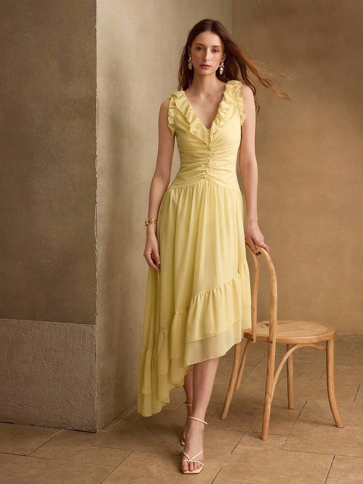 WOMEN'S LIGHT YELLOW RUFFLE HEM MIDI DRESS