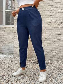 SHEIN PETITE CURVE 大码休闲简约印花口袋裤，适合日常穿着、春季、情人节、毕业典礼、通勤、上学、聚会、休闲和正式场合。 - 藍色 - 查看 4