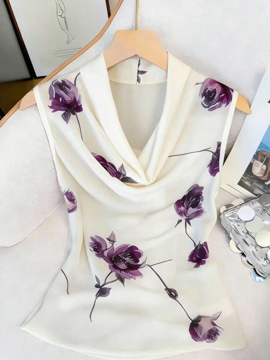 Qadelle 女士紫色网纱印花垂褶领收腰无袖背心,优雅别致,适合情人节、复活节、劳动节、生日、约会、派对、正式场合、教师装、旅行、街头风、春夏穿着。 - 杏色 - 查看 1