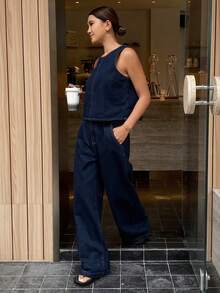 DAZY Bộ đồ thường ngày thoải mái dành cho nữ: Áo cổ tròn và quần jeans có túi. - Màu xanh lam - Xem 3