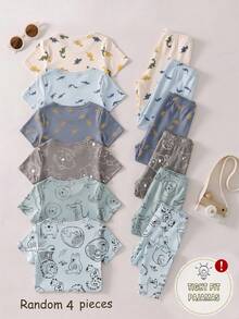 SHEIN [Bộ 6 món, giao ngẫu nhiên 2 món/bộ] Bộ đồ ngủ ôm sát cho bé trai, hàng mới về mùa xuân/hè, họa tiết thời trang bán chạy: Khủng long, Cá mập, Sư tử, Voi, Cá sấu, Gấu Koala, vải dệt kim co giãn, áo tay ngắn và quần dài. Bộ đồ ngủ 2 món - Nhiều màu - Xem 2