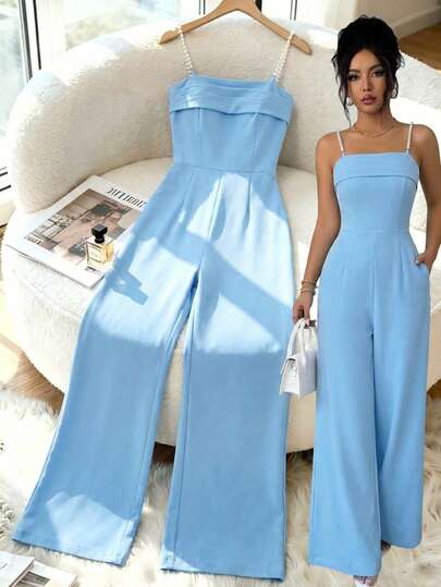 SHEIN Raffinéa Women's Summer Light Blue Pearl Decor Chain Strap Elegant Commuter Style Fitted Ruched Waist Backless Jumpsuit