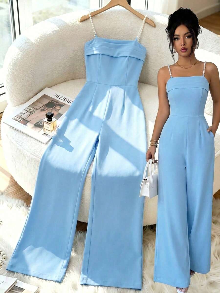 SHEIN Raffinéa Women's Summer Light Blue Pearl Decor Chain Strap Elegant Commuter Style Fitted Ruched Waist Backless Jumpsuit - Baby Blue - View 1