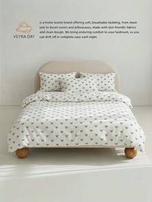 Veyra Day 三件套 100% 涤纶床上用品套装，清新花卉印花，双面可用（AB 面）（包含：1 个被套 + 2 个枕套；不含床单和填充物/被芯） - 黑色蝴蝶結 - 查看 1