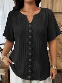 Weeklong Plus Size Women's Floral Patchwork Ruffle Trim Loose Short Sleeve Blouse, Spring/Summer - Black - View 3