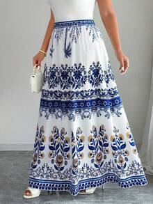 Celure Plus Size Women's Elegant Vintage Printed A-Line Skirt, Spring/Summer Brunch Vacation White - Blue and White - View 3