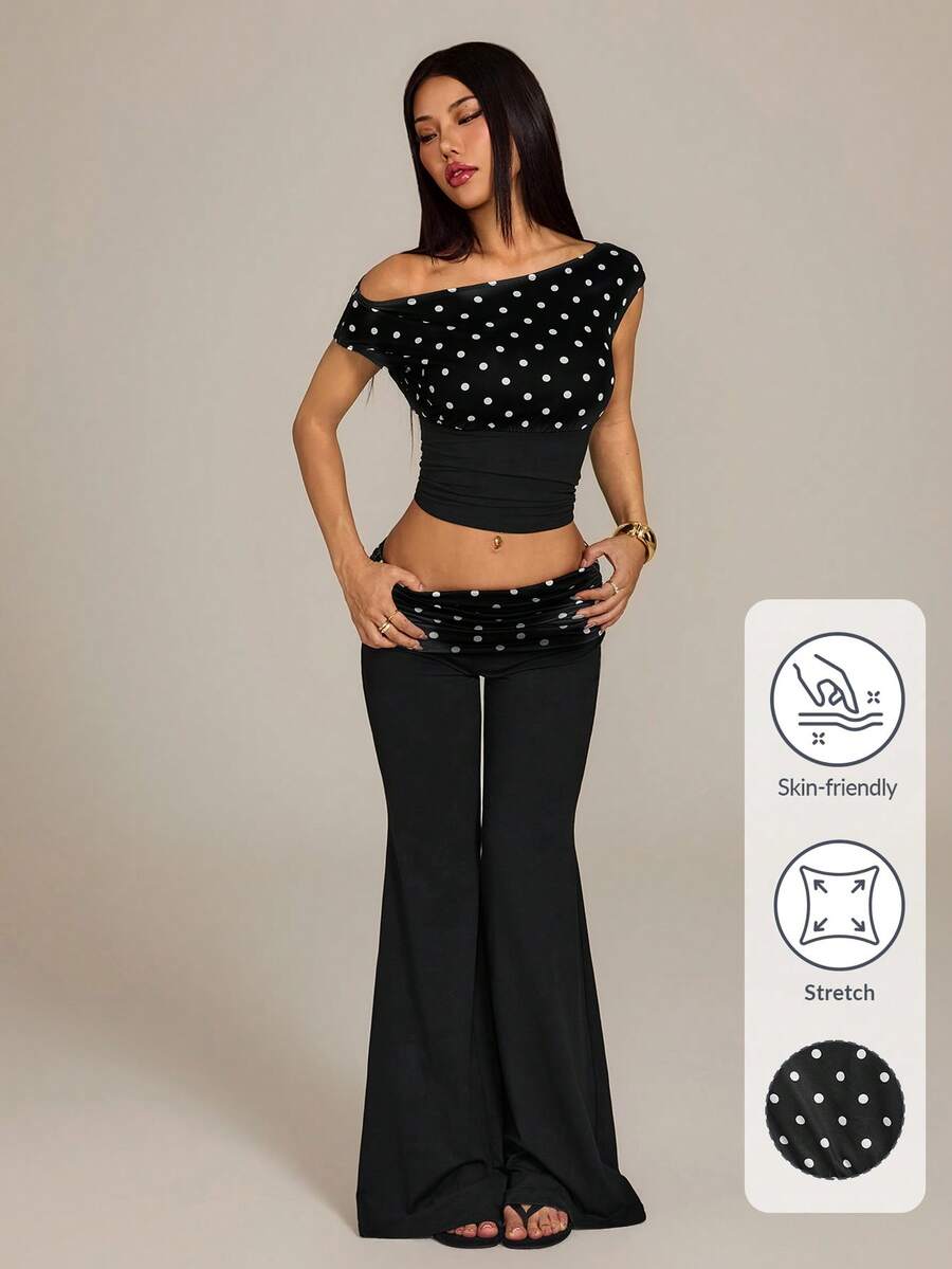 SHEIN PETITE Women's Retro Elegant Polka Dot Print Asymmetrical Collar Fitted Cropped Top, Summer
