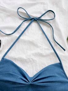 Soleia Women's Sexy Solid Color Backless Halter Top, Summer - Baby Blue - View 3