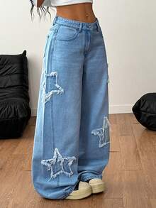 Coolane Quần jeans ống rộng nữ có túi, cài nút, kiểu dáng thường ngày, đa năng, thích hợp mặc hàng ngày. - Rửa trung bình - Xem 4