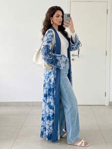 Solavon Áo khoác ngoài Abaya Ả Rập dài tay rộng rãi in họa tiết Tie-Dye dành cho nữ, áo choàng kín đáo - Màu xanh lam - Xem 3