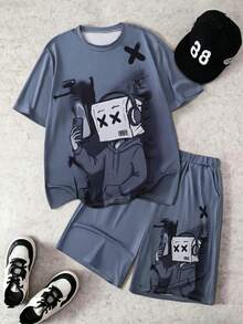 2pcs/Set Teen Boys' Dark Style Short Sleeve Set,Fashionable Minimalist Printed Hand-Drawn Graphic Design,Summer Streetwear Baby Blue Daily Casual Wear - Grey - View 3