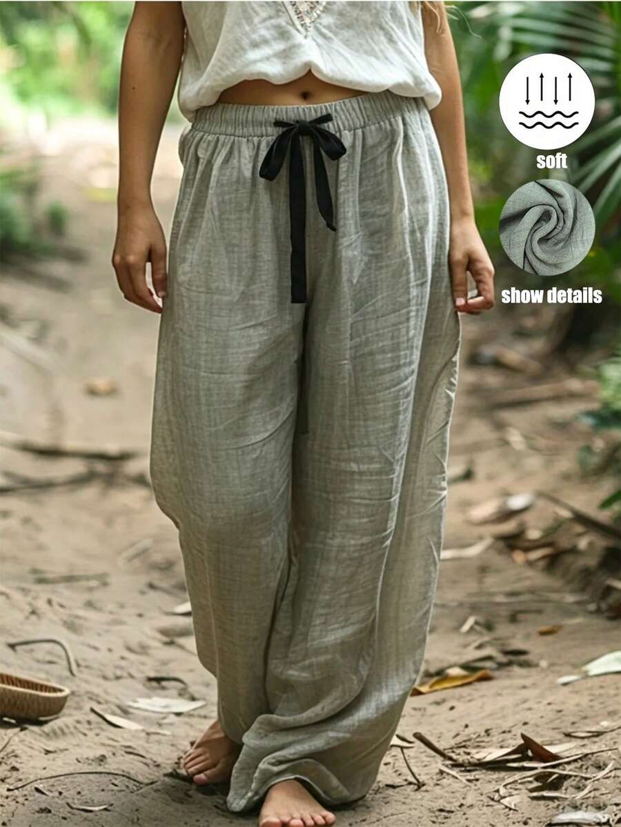 Balvessa Quần ống rộng màu xanh quân đội, có dây rút ở eo, thích hợp cho kỳ nghỉ của nữ. - xanh quân đội - Xem 1