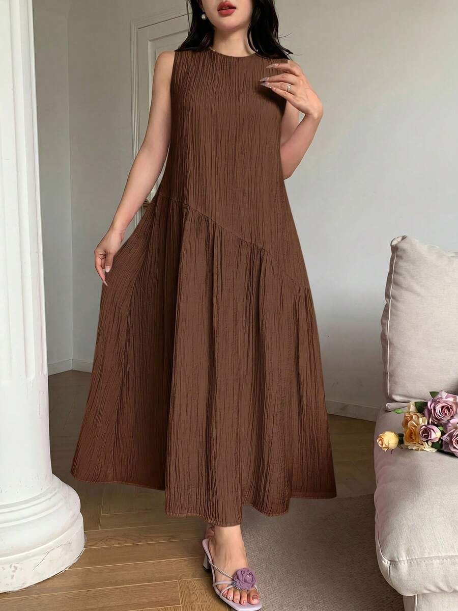 Feyla 女士纯色圆领褶皱休闲派对连衣裙 - 咖啡棕 - 查看 1