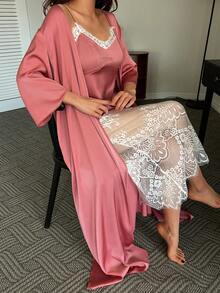 Livesso Women's Solid Color Long Sleeve Robe And Contrast Lace Camisole Dress Elegant Sleepwear Set Pajamas - Pink - View 5
