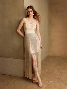 MOTF PREMIUM SPRING/SUMMER FRENCH RETRO ELEGANT DATE NIGHT LACE PATCHWORK DOUBLE-LAYER TASSEL CINCHED WAIST APRICOT LONG DRESS - Apricot - View 4