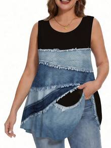 SHEIN LUNE Patchwork Pattern Diagonal Ribbed Crew-Neck Casual Sleeveless Vest, Spring Style - Multicolor - View 3