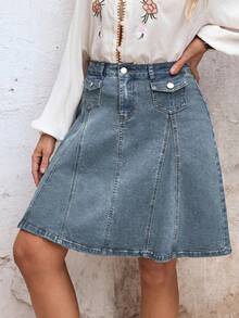 SHEIN ICON 大码女式休闲百搭日常牛仔A字裙 - 藍色 - 查看 1