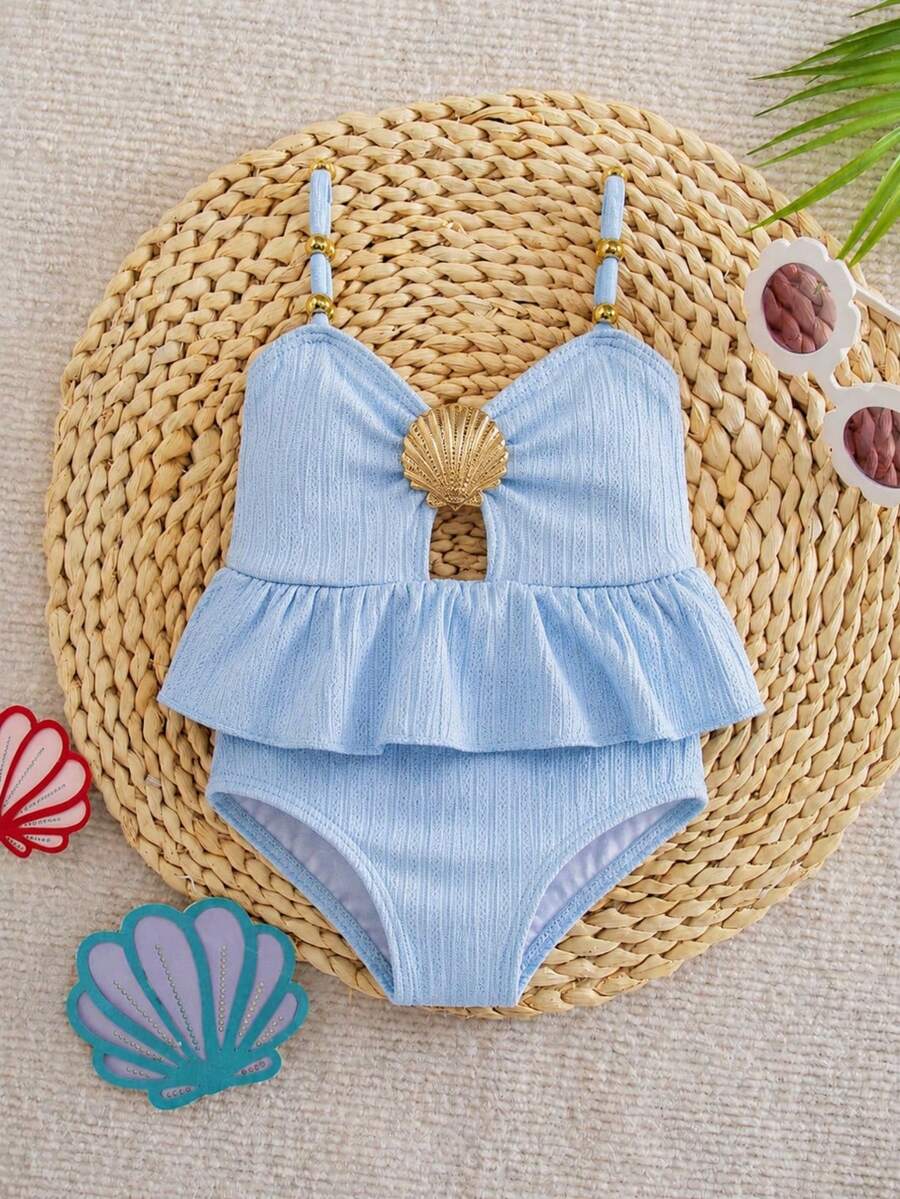 SHEIN Baby Girl One-Piece Swimsuit,Holiday Cute Polyester Swimwear For Young Girls,Fashionable White Ruffle Monokini With Seashell Frilled Bathing Suit - Blue - View 1