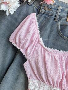 Kids & Teen Girls' Cute Pink Summer Vacation Ditsy Floral Lace Mesh Puff Short Sleeve Blouse,Deep Square Neck Textured Ruffle Fitted T-Shirt,Tea Party - Multicolor - View 4
