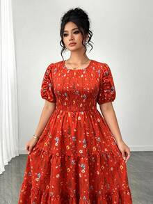 Elenzga Plus Size Women's Short Sleeve Floral Print Elastic Waist Layered A-Line Dress, Elegant Resort Style, Suitable For Spring/Summer - Burnt Orange - View 5