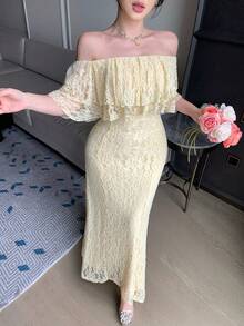 DAZY Spring Summer Hollow Lace Ruffle Casual Vacation Style Beach Elegant Commute Yellow Women's Mid-Length Dress Sundress - Yellow - View 6
