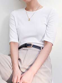 Dazy-Less Solid Round Neck Tee Old Money Style Preppy Tops Business Casual Woman Work Clothes - White - View 6