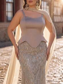 Glamrae Plus Size Elegant Luxurious Pearl & Sequin Floral Mermaid Hem Dress, Elastic Satin Halter Neck, Suitable For Wedding, Party, Vacation, Prom, Evening Gown Plus Size Evening Gown Luxury Evening Gown Glitz And Glamour Formal Evening Gown Shimmering Formal Dress Luxury Dresses For Women Elegant Special Occasion Dress Glitz And Glamour Formal Gown - Khaki - View 3