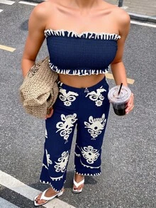 SHEIN Frenchy 女士休闲度假两件套抹胸上衣和图案印花吊带背心，春夏 - 藏蓝色 - 查看 5