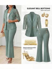 SHEIN Lady 四季白色西装女装外套蕾丝拼接优雅套装秋冬服装优雅女装白色薄荷绿裤子女装纯色金属纽扣装饰优雅九分裤秋季女装大码人造皮草外套 - 薄荷綠 - 查看 1