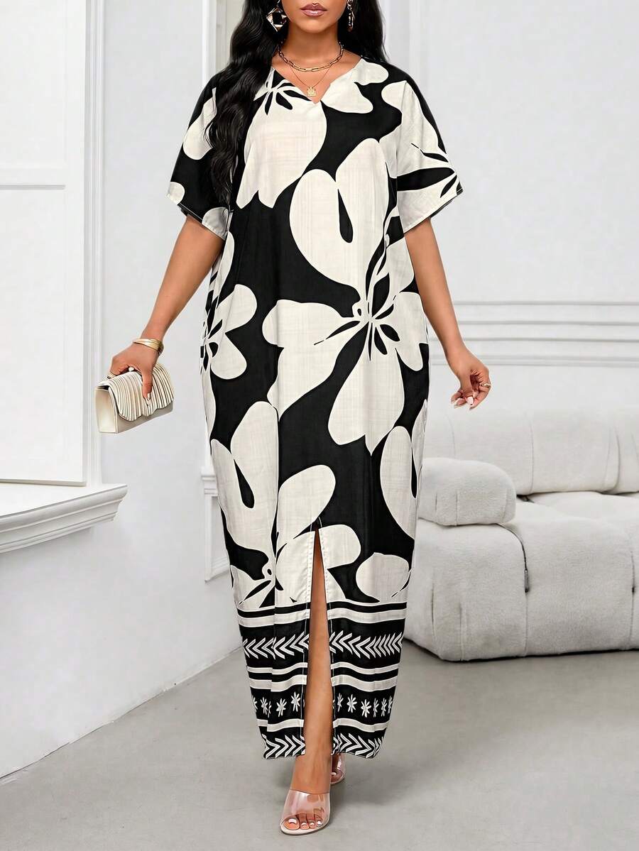 SHEIN Lady 女士碎花V领开衩休闲短袖连衣裙 - 黑與白 - 查看 1