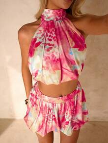 SHEIN Glamour 2件組女款粉色花卉夏季波西米亞風海灘度假裝，掛脖露背無袖上衣與裙褲套裝，度假度假村穿搭街頭風 - 彩色 - 查看 7