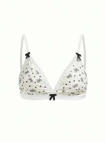 PetitDoll 1pc Cute Bow & Heart Print Lace Patchwork Wireless Bra - Black and White - View 3
