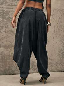 Denimoi Quần jeans ống rộng, phối nhiều lớp phía trước, thời trang đường phố. - màu đen - Xem 5