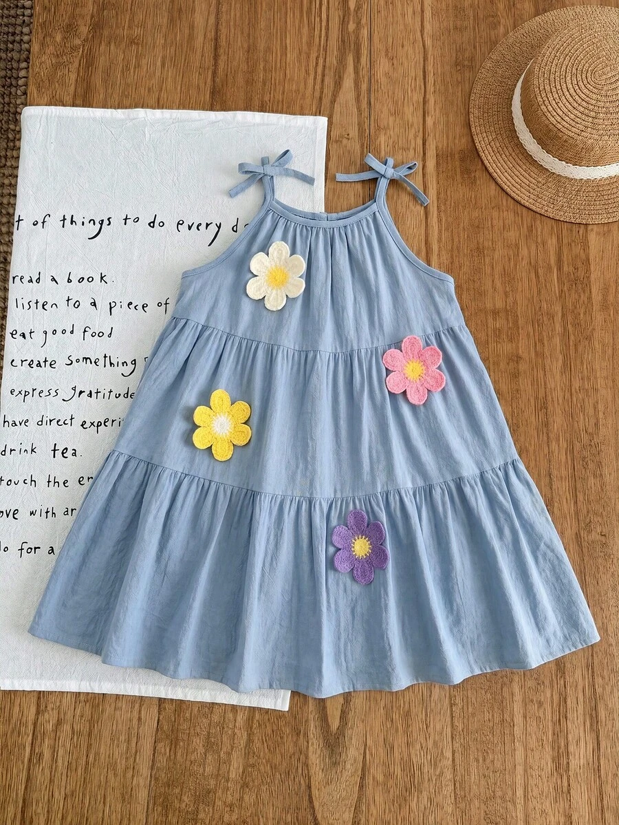 SHEIN Young Girl Woven Textured Floral Solid Color Camisole Dress - Baby Blue - View 1
