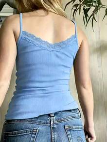 SHEIN 甜美蕾丝边纯色女士吊带衫 - 淺藍色 - 查看 2