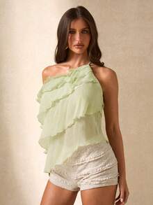 SHEIN BAE Áo kiểu nữ màu xanh lá cây bóng mượt, chất liệu chiffon, dây mảnh, lệch vai, có bèo nhún, thích hợp cho kỳ nghỉ biển, mặc hàng ngày, đi làm. Áo kiểu chiffon xanh lá cây, áo hai dây đi nghỉ mát, áo hai dây màu xanh lá cây, áo hai dây xanh lá cây thanh lịch cho kỳ nghỉ. - màu xanh lá - Xem 7
