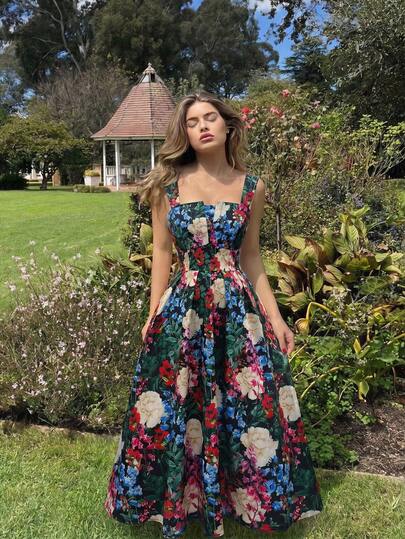 SHEIN MOD Plus Size Women Floral Print Waist Cinched Elegant Dress, Vacation