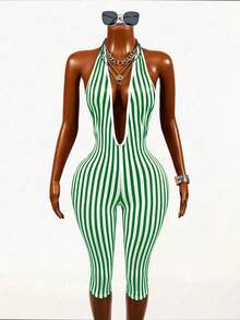 Mistrie Striped Contrast Print Cold Shoulder Backless Halter Design Capri Pants, Casual Sporty Sexy Daily Holiday Spring/Summer Knit Jumpsuit For Women - Green - View 5