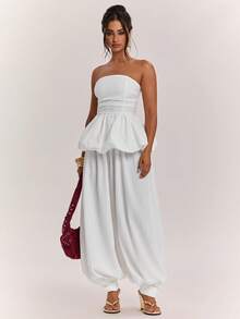 SHEIN BAE Women's Summer Casual Sexy Solid Color Embroidered Patchwork Ruffle Hem Tube Top Golf White - White - View 6