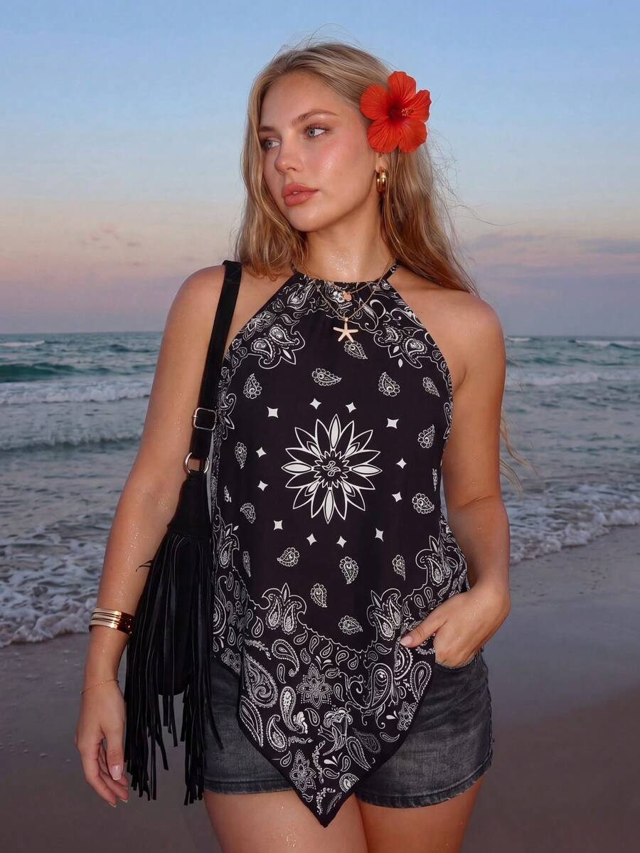 SHEIN ICON Áo yếm cổ yếm dáng bất đối xứng họa tiết Paisley in trên vải, thích hợp cho kỳ nghỉ hè ở bãi biển dành cho nữ, cỡ lớn. - màu đen - Xem 1